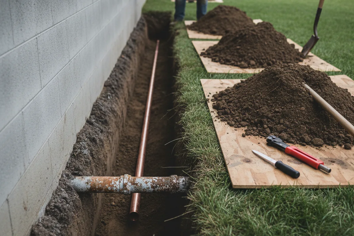 Excavated water line trench during Water Heater Repair in Brook Park